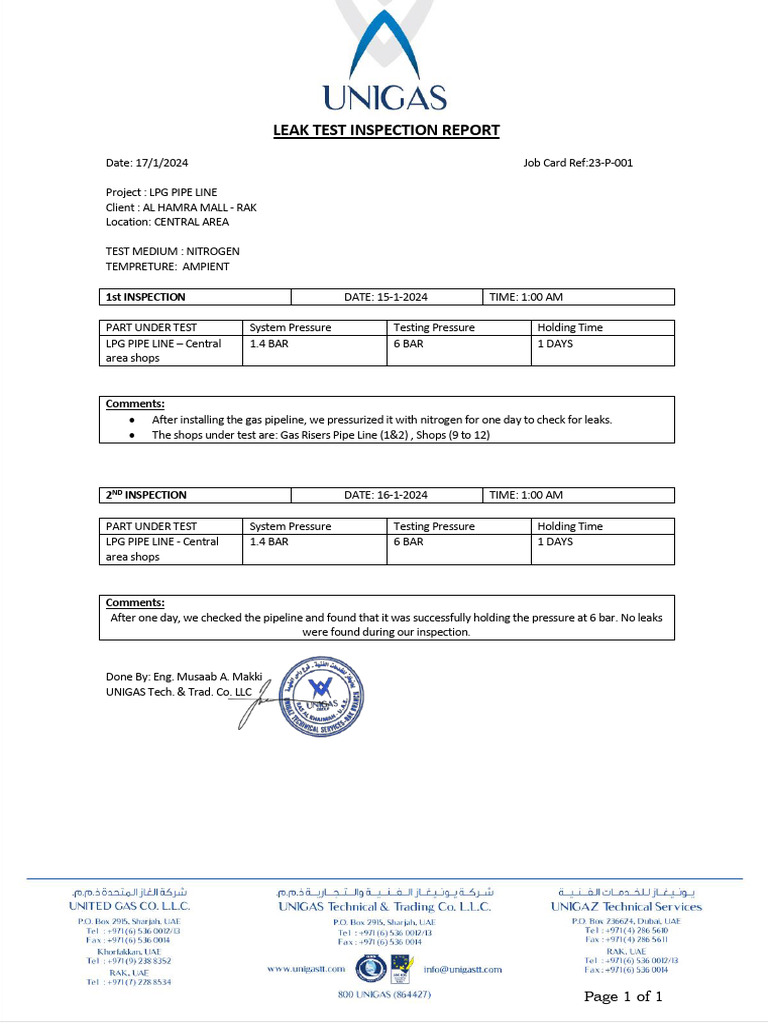 LPG Pipeline Leak Test Report | PDF
