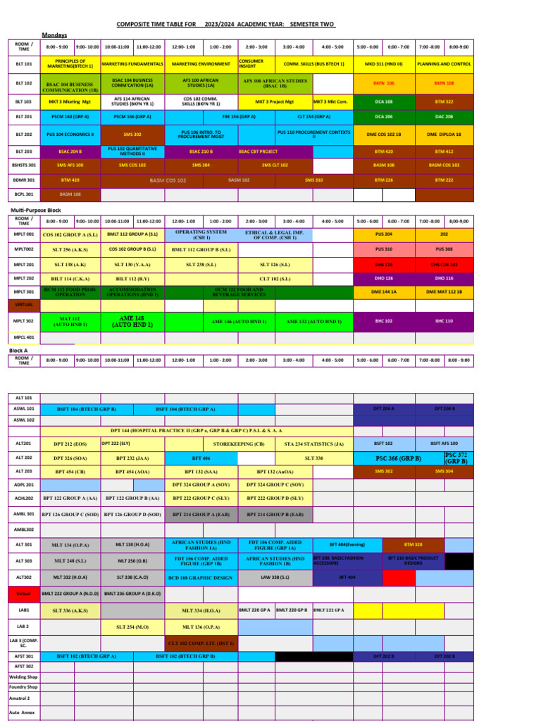 2023/2024 Academic Year Semester Two Timetable | PDF | Science ...