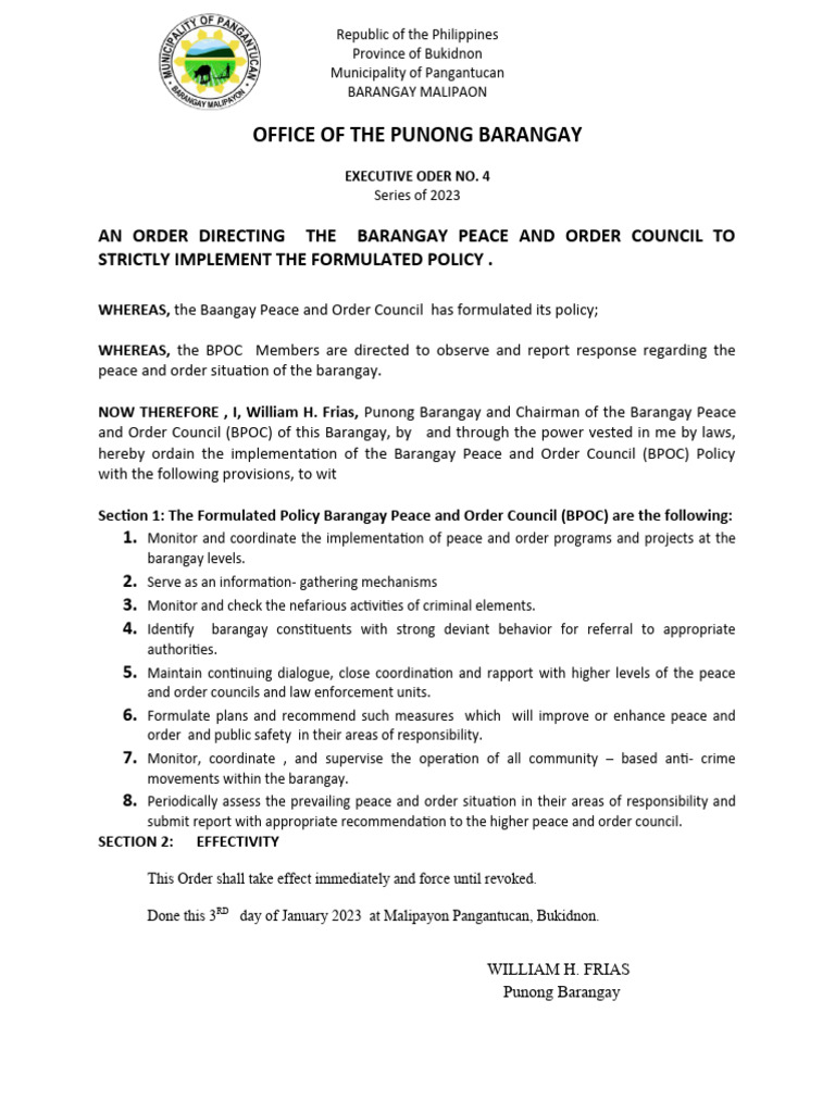 EXECUTIVE ORDER NO. 4 POLICY s 2023 PDF