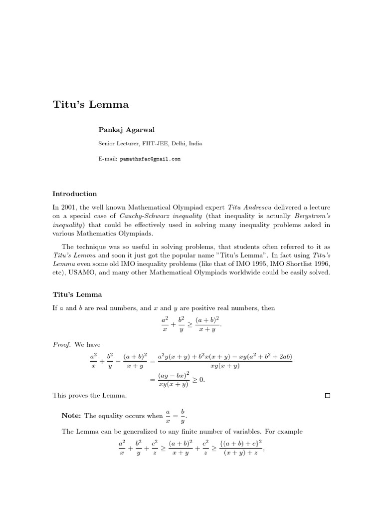Titu's Lemma: Inequalities in Olympiads | PDF | Inequality (Mathematics ...