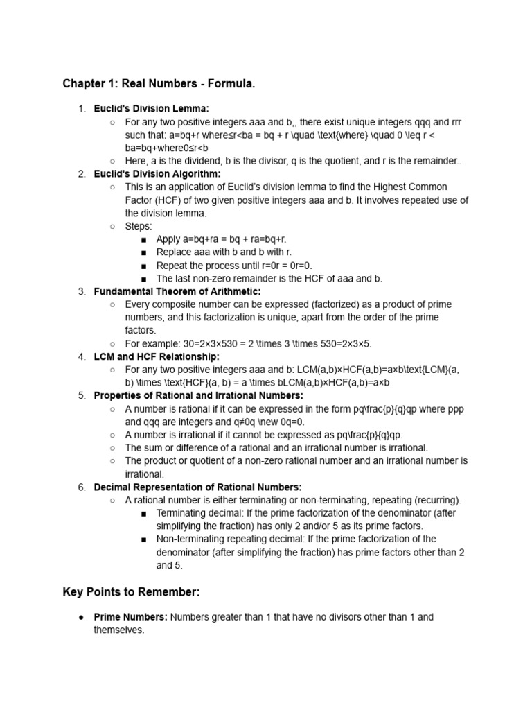 Chapter 1 - Real Numbers - Formula | PDF | Mathematics | Elementary ...