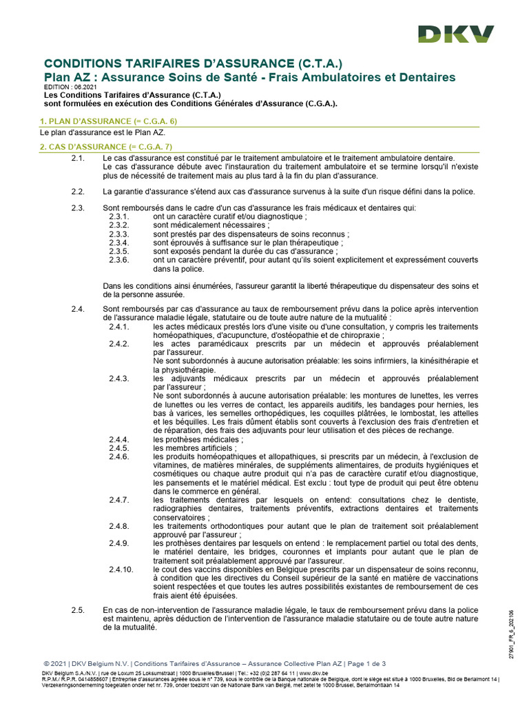 Conditions Tarifaires Plan AZ DKV | PDF | Assurance | Médecine