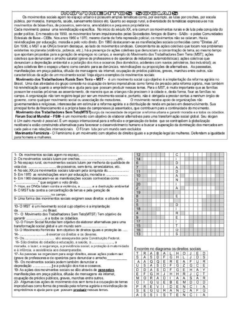 Atividades Movimentos Sociais - 2 Ano | PDF