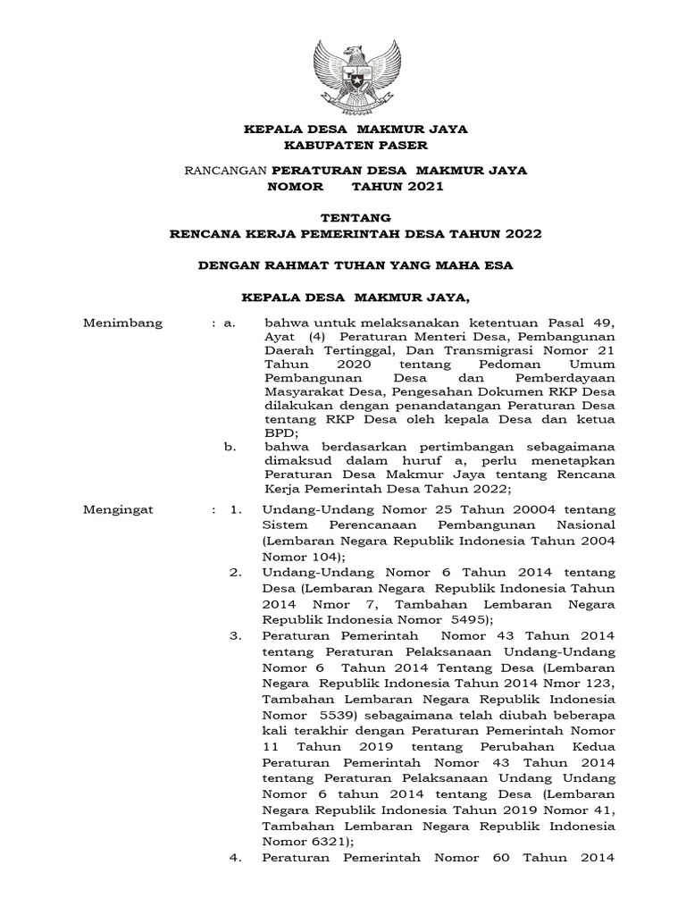 26 Format Perdes Tentang Pengesahan Rkp Desa Pdf