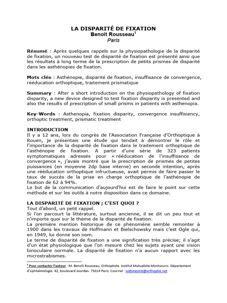 Disparité de Fixation et Asthénopie | PDF | Ophtalmologie | Sens ...