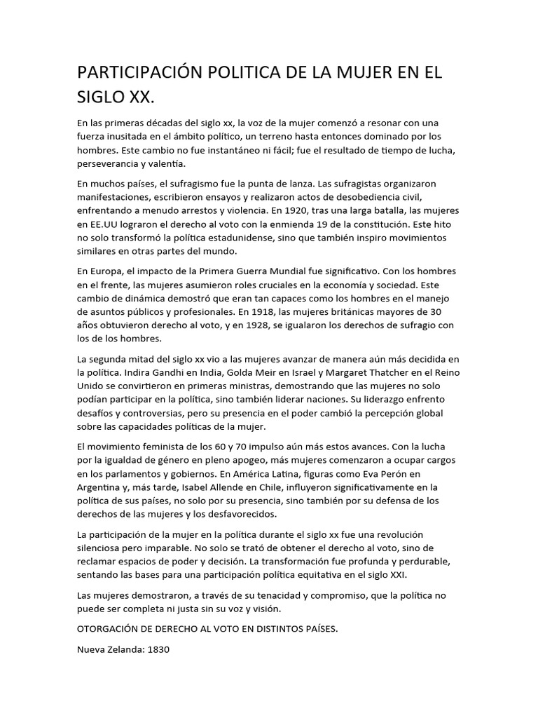 Participación de La Mujer en El Siglo XX | PDF | Sufragio de las ...