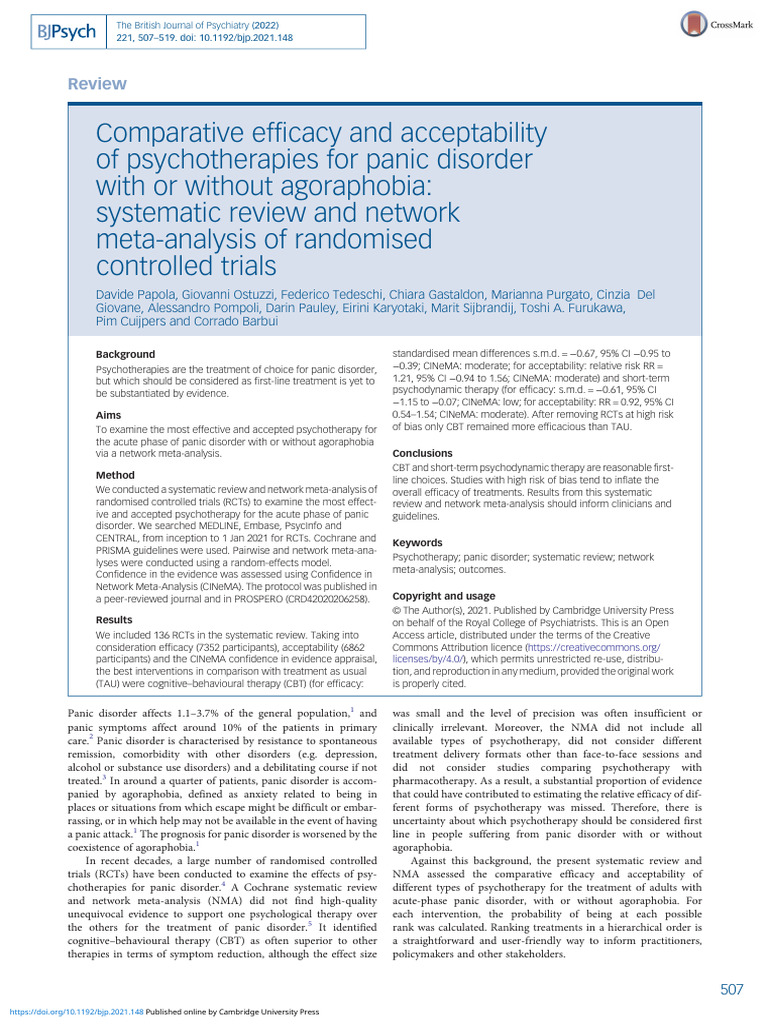 Comparative Efficacy and Acceptability of Psychotherapies For Panic ...
