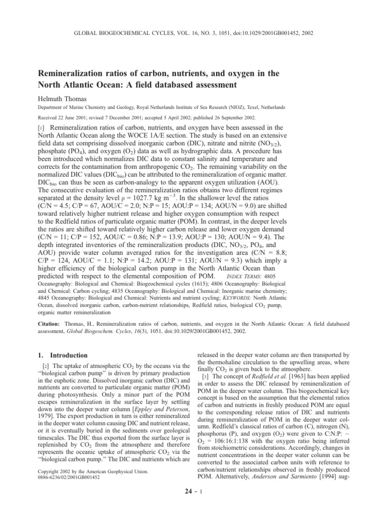Global Biogeochemical Cycles 2002 Thomas Remineralization Ratios
