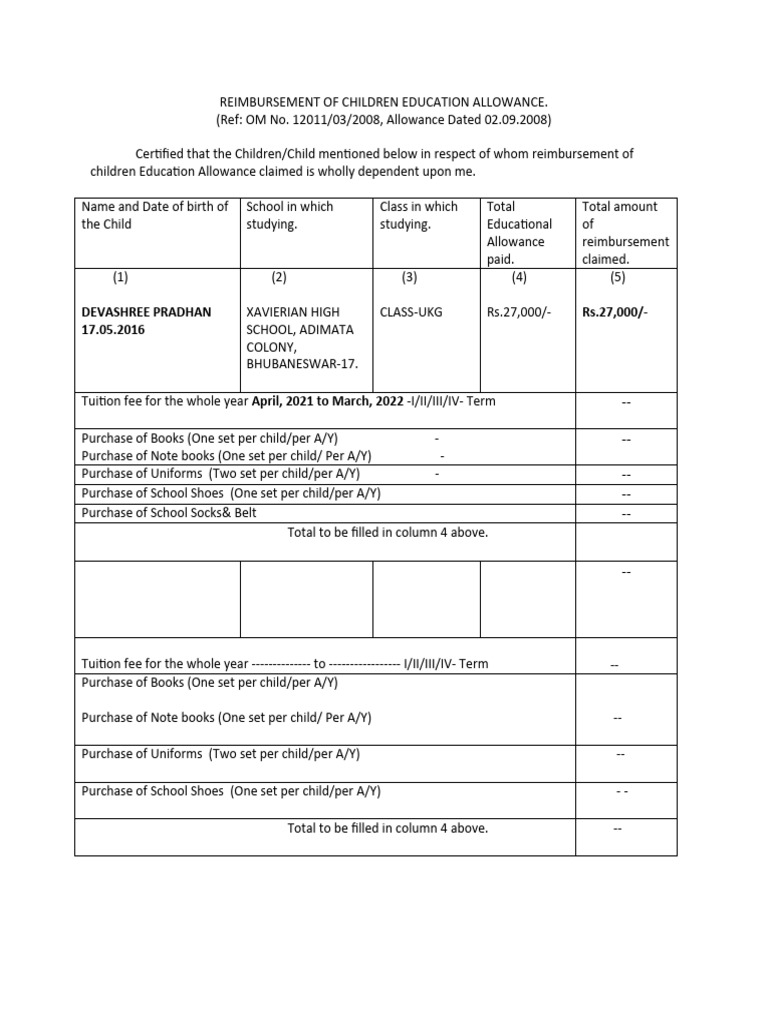 Children Education Allowance Reimbursement Form | PDF | Fee | Tuition ...