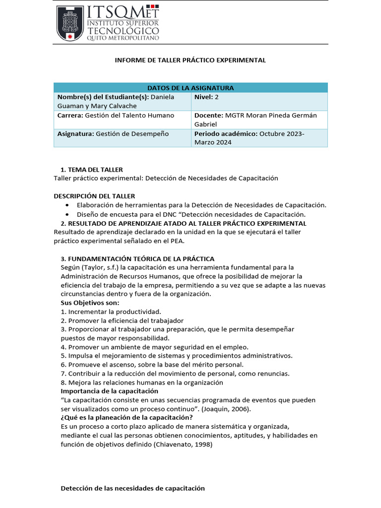 Formato Taller Practico Experimental (1) (1) 1 | PDF | Gestión de ...