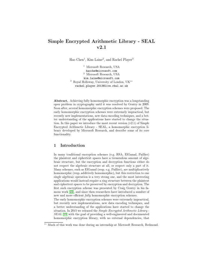 Simple Encrypted Arithmetic Library - SEAL v2.1 | PDF | Abstract ...
