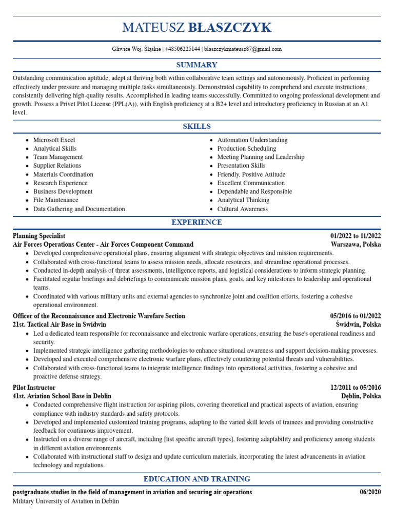 MateuszBlaszczykATSResume 1 | PDF | Military Intelligence