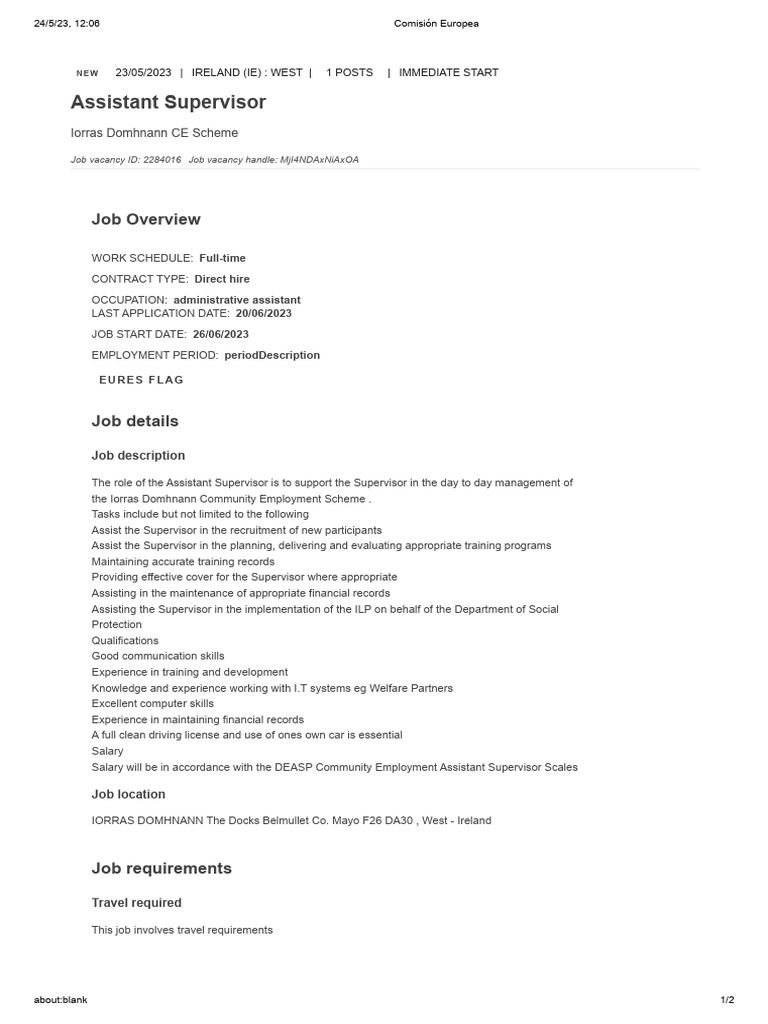 Assistant Supervisor Role at Iorras Domhnann | PDF | Employment | Salary