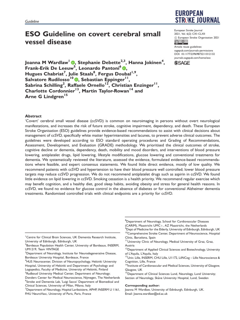 ESO Guideline On Covert Cerebral Small Vessel Disease | PDF | Stroke ...