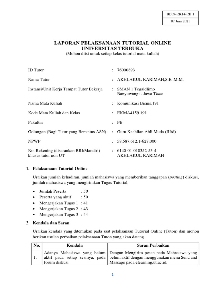 Laporan Tutorial Online Komunikasi Bisnis | PDF
