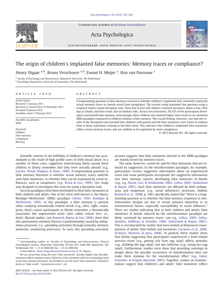 The Origin of Children S Implanted False Memories | PDF | Memory ...