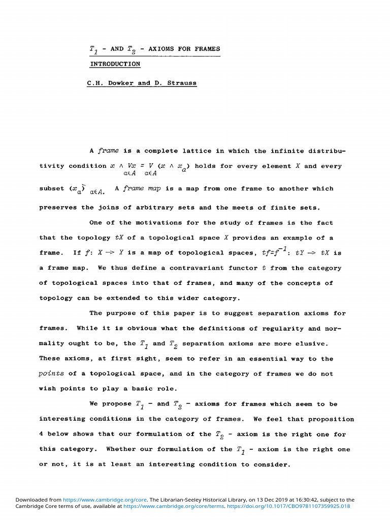 T1 and T2 Axioms For Frames (C. H. Dowker, D. Strauss) | PDF | General ...