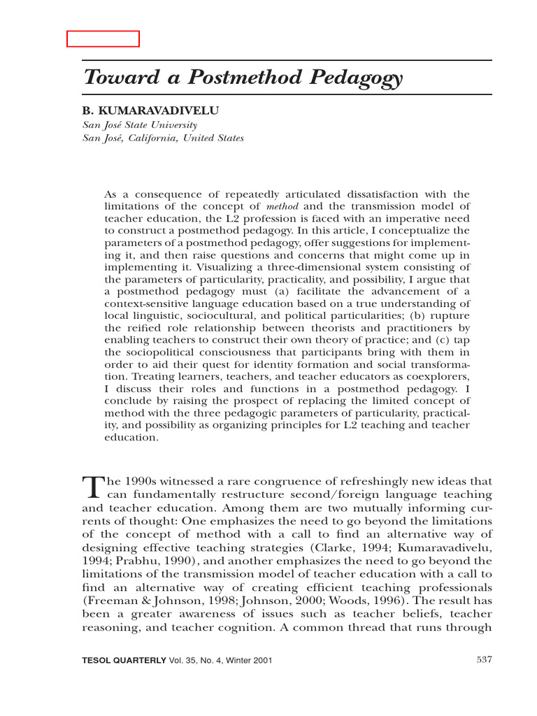 Toward A Postmethod Pedagogy - Kumaravadivelu | PDF | Pedagogy | Learning