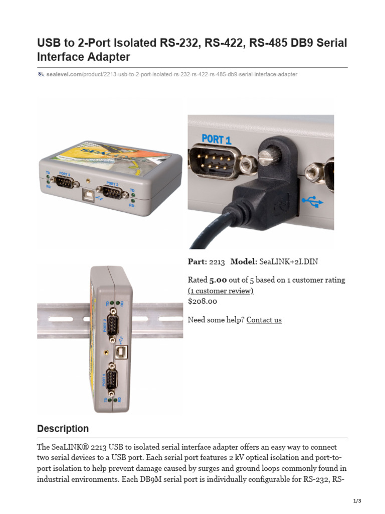 USB To 2-Port Isolated RS-232 RS-422 RS-485 DB9 Serial Interface ...
