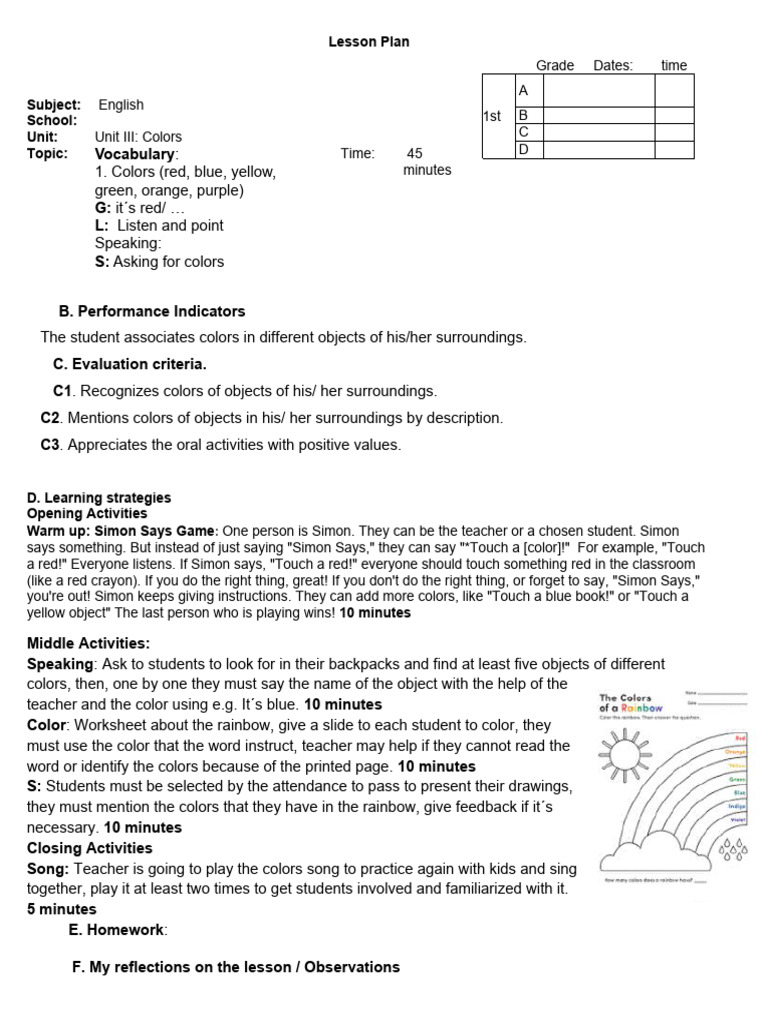 Color Recognition Lesson Plan | PDF | Lesson Plan | Teaching