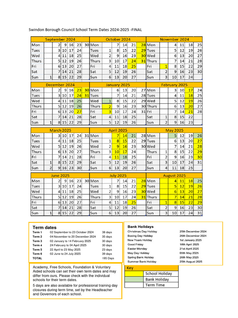Swindon Schools Term and Holiday Dates 2024 25 PDF