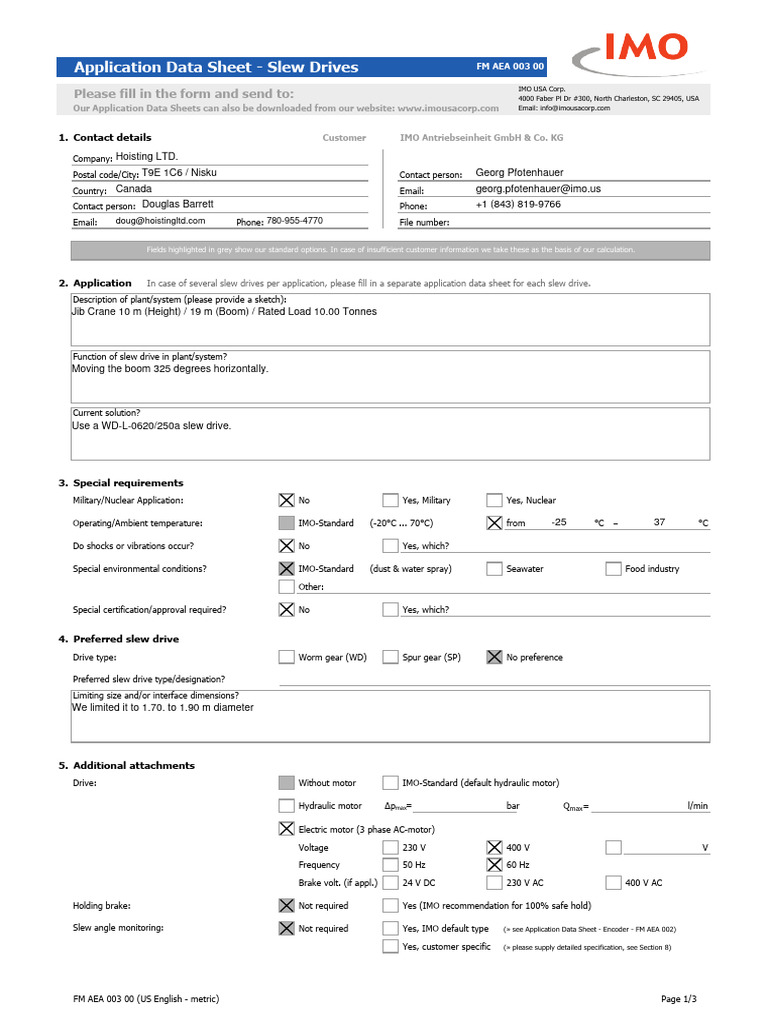 Slew Drive Application Data Sheet | PDF | Rotation | Alternating Current