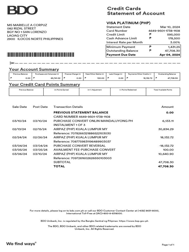 BDO Visa Platinum Statement Overview | PDF | Credit Card | Cheque
