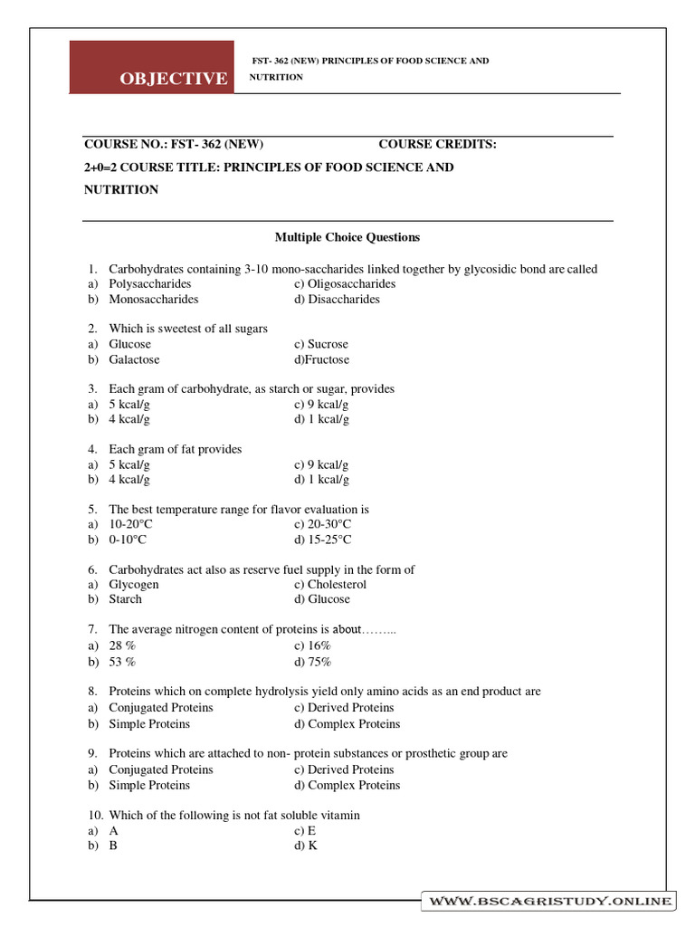 Food Science and Nutrition MCQs Guide | PDF | Carbohydrates | Glucose