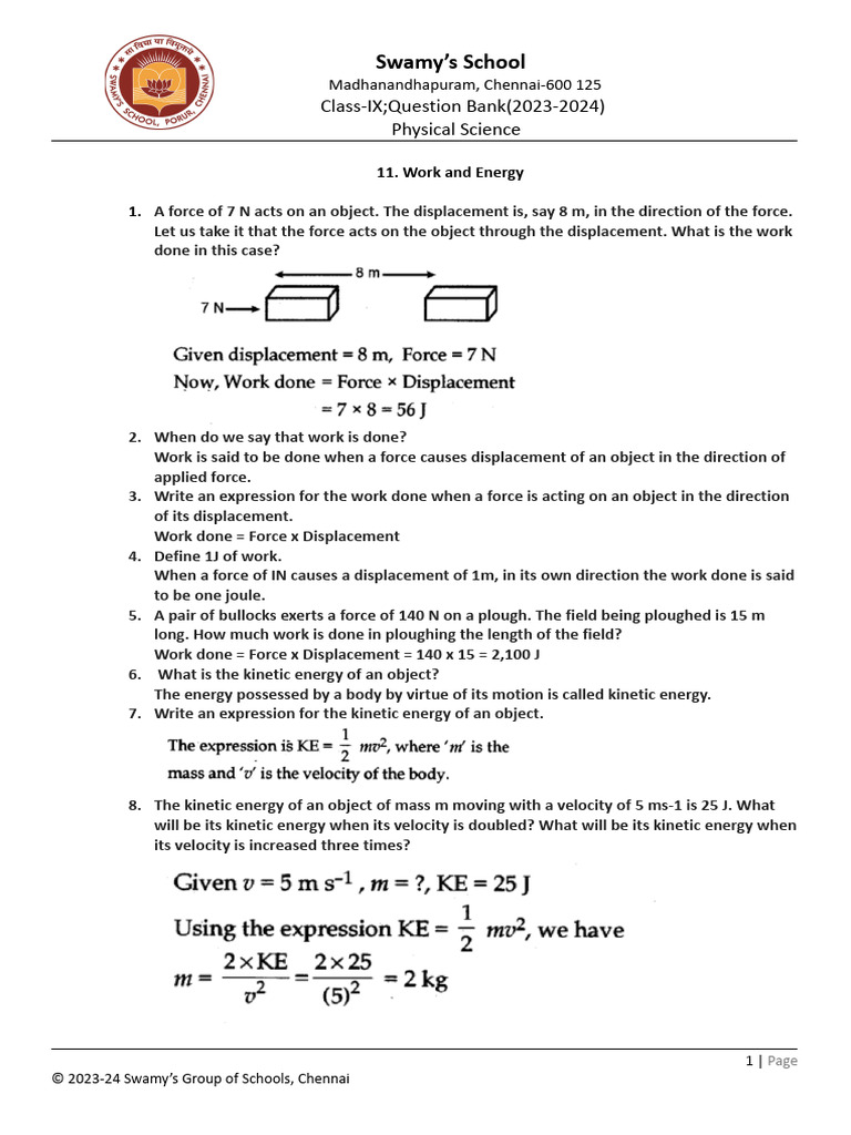 Class 9 Physics: Work and Energy Questions | PDF | Force | Mass