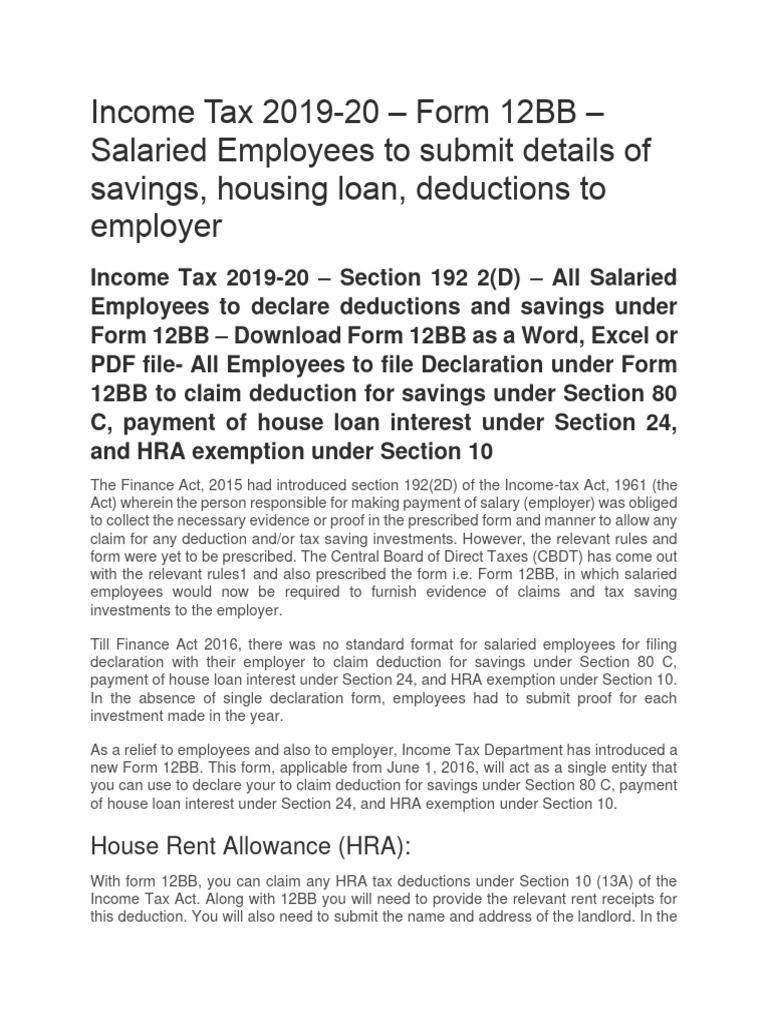 Income tax 2019 20 declaration in form 12bb pdf tax deduction expense