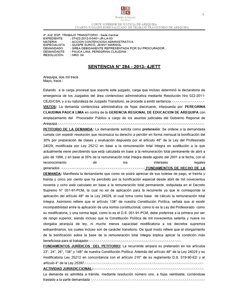 Sentencia sobre Bonificación Docente en Arequipa | PDF | Caso de ley ...