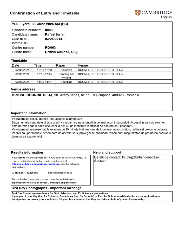 Confirmation of Entry and Timetable | PDF