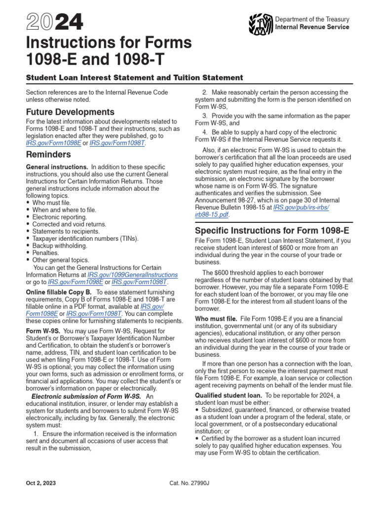 Instructions For Forms 1098-E and 1098-T: Future Developments ...