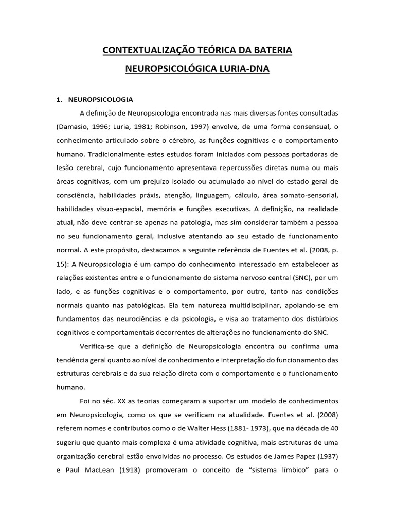 Contexto da Bateria Neuropsicológica Luria | PDF | Neuropsicologia ...