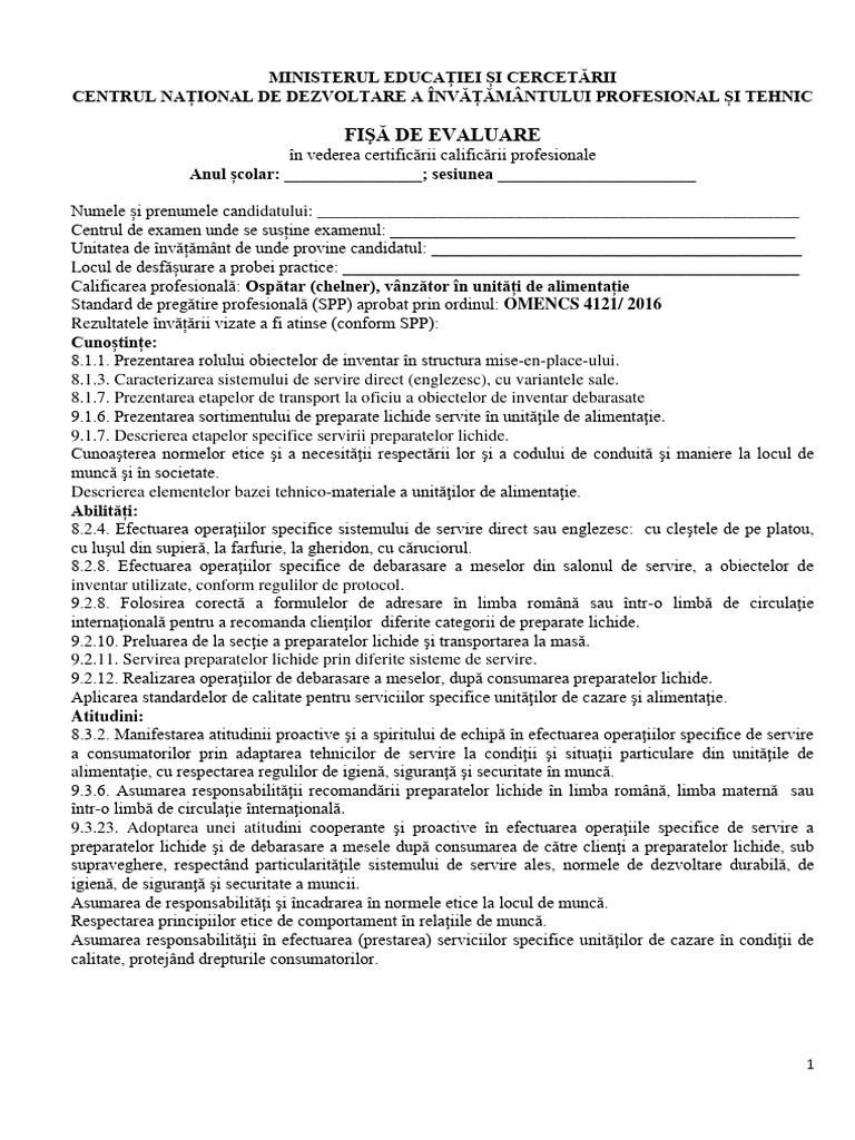 05 - Ospatar - (Chelner) - Vanzator in Unitati Alim Publica | PDF