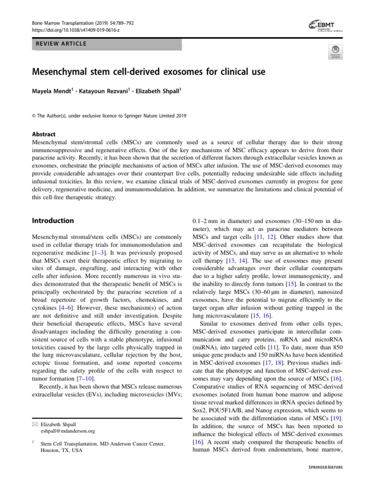 MSC-Derived Exosomes in Therapy | PDF | Mesenchymal Stem Cell | Cell ...