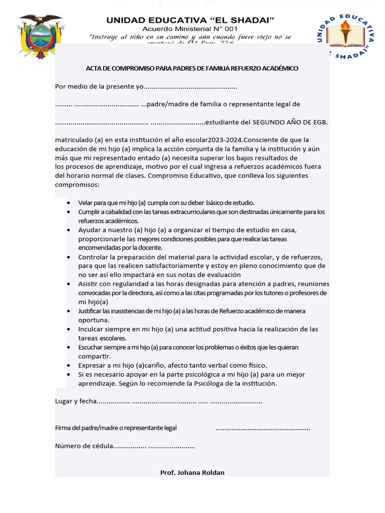 Acta de Compromiso para Padres de Familia Refuerzo Académico 2024 | PDF ...