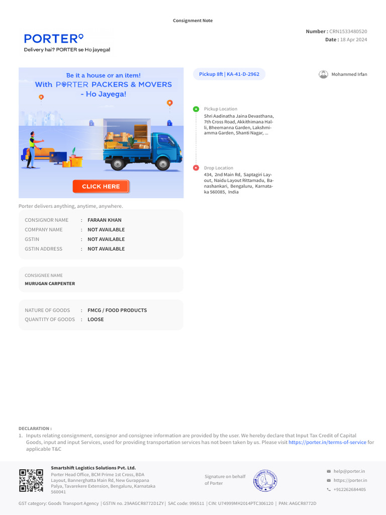 Porter Consignment Note (CRN1533480520) | PDF