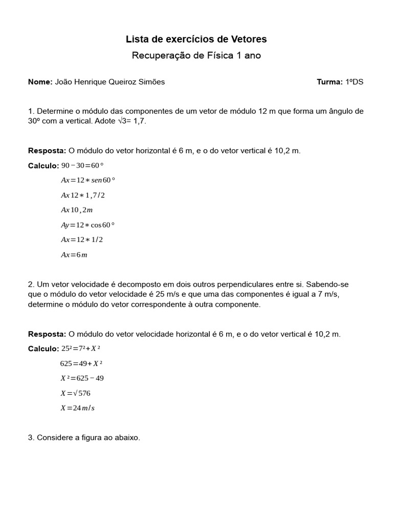 Exercícios de Vetores para 9º Ano | PDF | Vetor euclidiano | Física