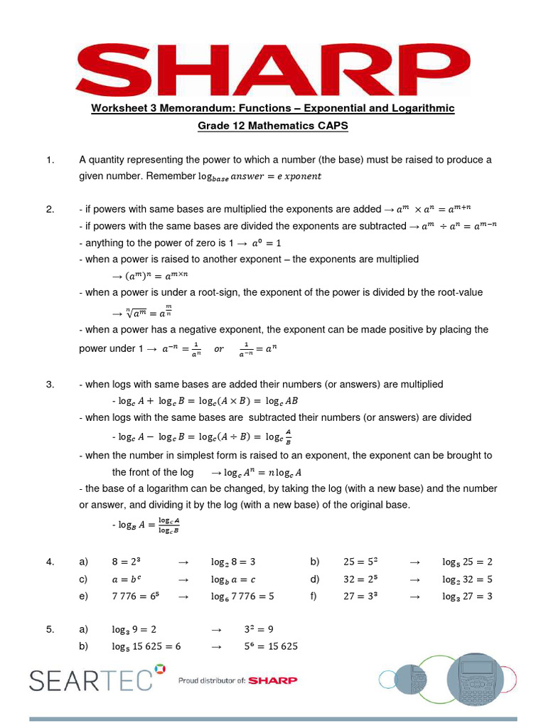 Worksheet 3 Memorandum Functions - Exponential and Logarithmic Grade 12 ...
