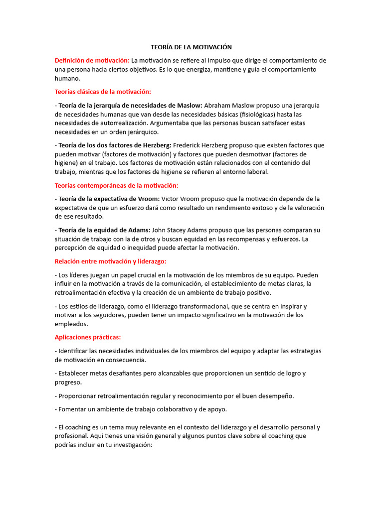 Teoría de La Motivación | PDF | Motivacional | Motivación