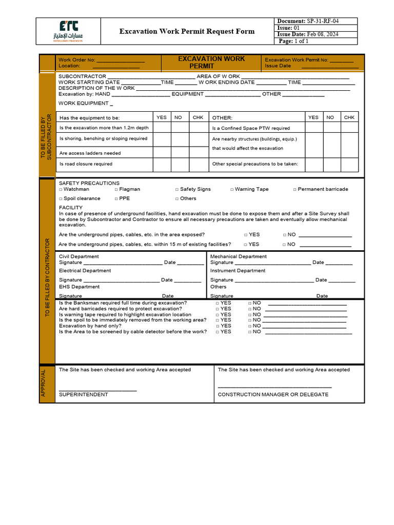 Excavation Work Permit Request Form | PDF | Safety