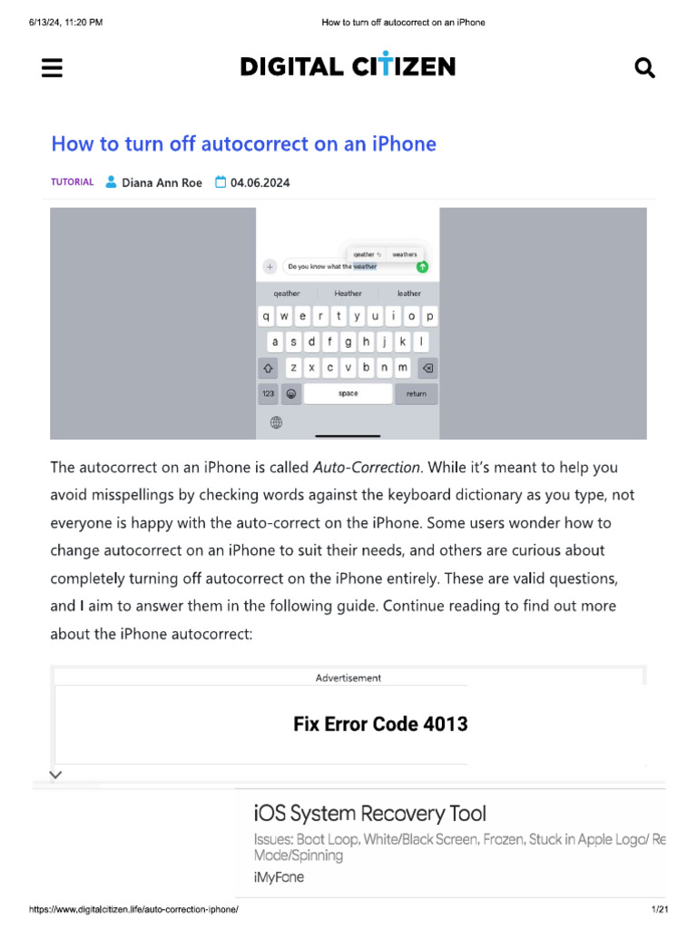How To Turn Off Autocorrect On An Iphone | PDF