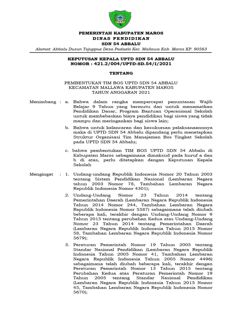 SK Tim Bos Sekolah SD 2021 | PDF