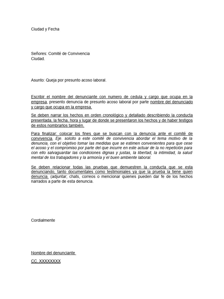 Ejemplo De Carta De Denuncia Por Acoso Laboral Compartir Carta My ...