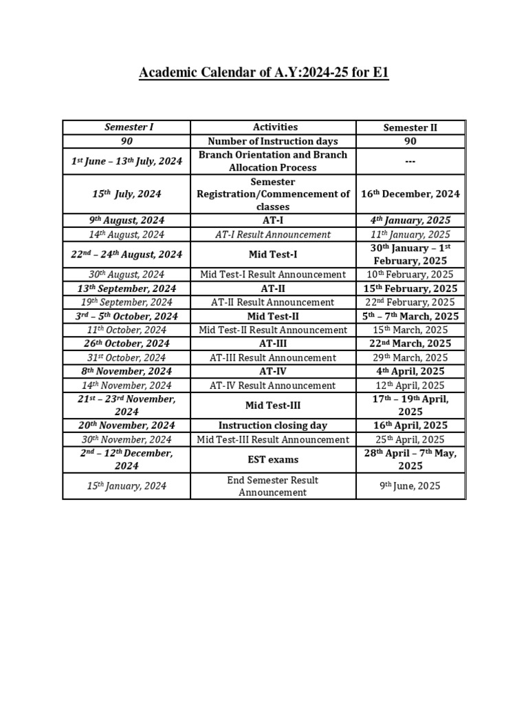 Academic Calendar of A.Y:2024-25 For E1: 14 August, 2024 AT-I Result
