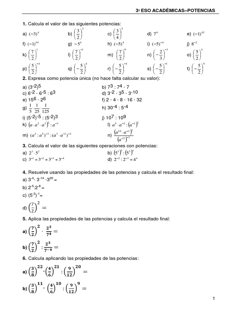 Boletín Ejercicios Potencias Pdf