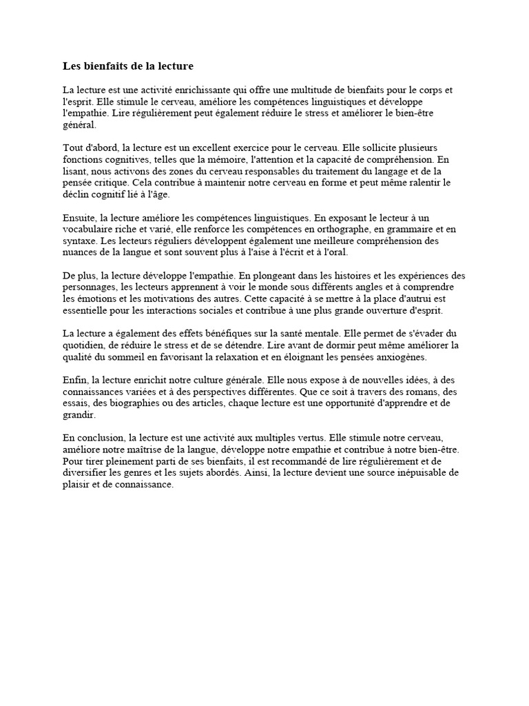 Bienfaits de la lecture sur le cerveau | PDF | Développement personnel ...