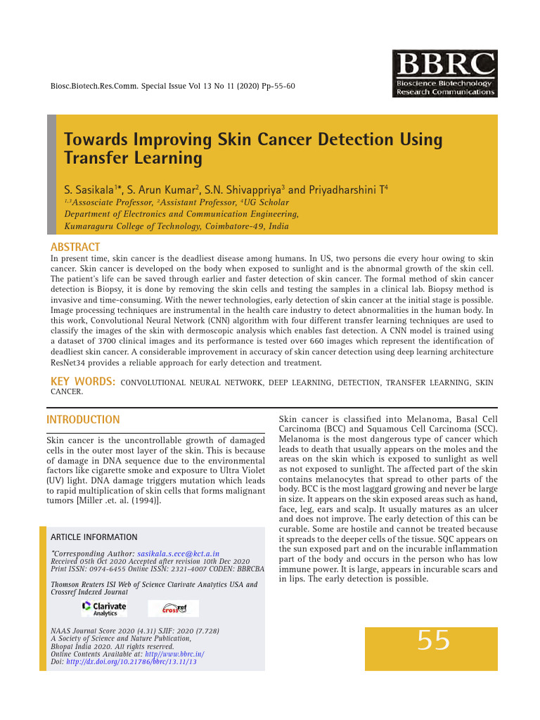 Skin Cancer Detection Using Transfer Learning, Sasikala Et. Al | PDF ...