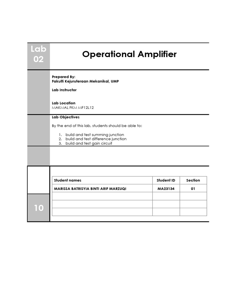Lab 02 Operational Amplifier Ma23134 Pdf Operational Amplifier
